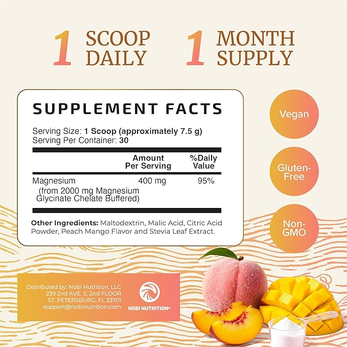 Magnesium Glycinate Powder 400MG | Sleep & Relaxation Support | Peach Mango Flavor, Sugar-Free | High Absorption Chelated Magnesium Powder | Vegan, Gluten-Free, Non-GMO | 30 Servings | 225g (7.94oz)