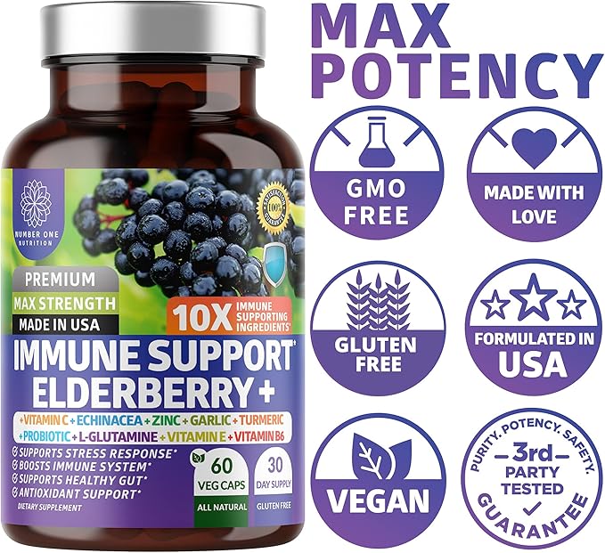 10 in 1 Immune Support Supplement [10 Potent Ingredients] with Elderberry, Vitamin C, Zinc, Echinacea, Turmeric Curcumin, Garlic and Probiotics for Adults, 60 Veg Caps