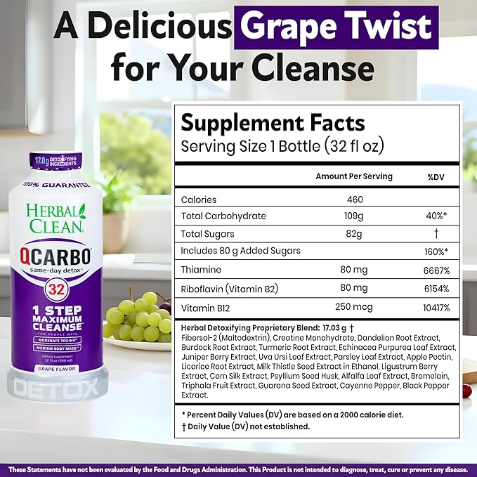 Herbal Clean Qcarbo32 Same Day Detox Cleanse Drink (32 fl oz) - Grape Flavor Full Body Cleanse* Detox Drink for Moderate Toxin Level*, Vitamin B2 and Vitamin B12 for Men & Women