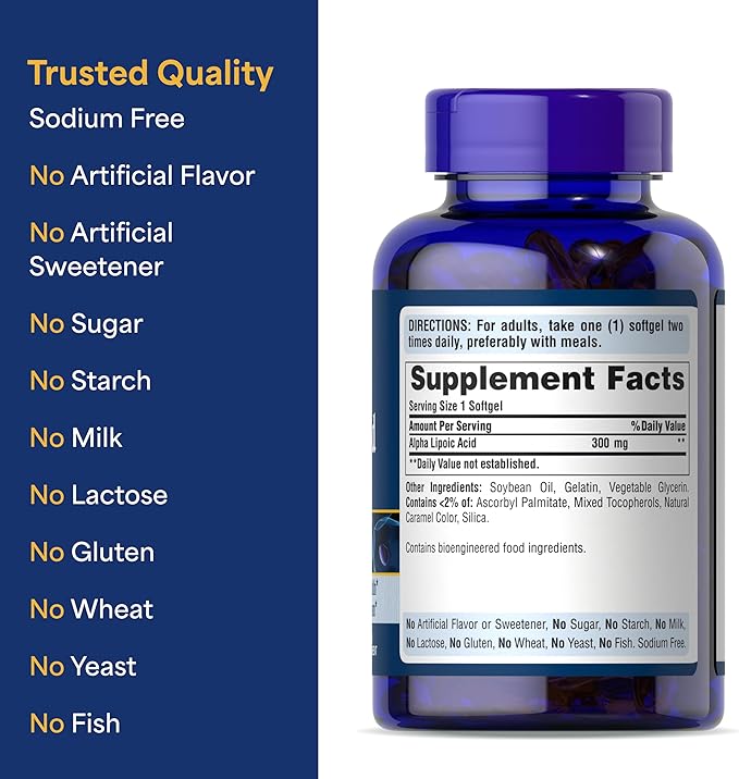 Puritan's Pride Alpha Lipoic Acid 300mg, Dietary Supplement for Antioxidant Health, Sugar and Energy Metabolism Support, 4 Month Supply, 120 Rapid Release Softgels
