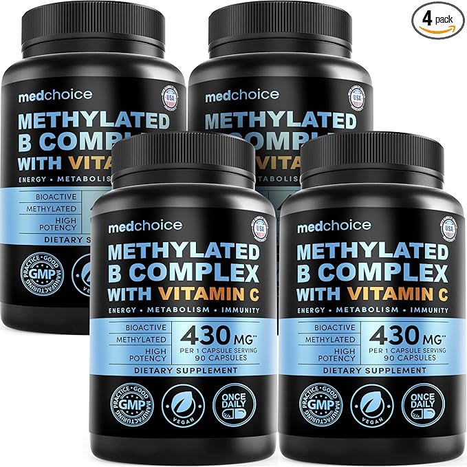 9-in-1 Vitamin B Complex - Methylated Multivitamin with B12 Methylcobalamin, Methylfolate, L-5-MTHF & Vitamin C - Methylated B Complex for Women & Men - Non-GMO, Gluten-Free (90 Servings) (4-Pack)