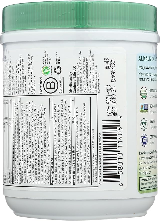 Garden of Life Raw Organic Perfect Food Green Superfood Juiced Greens Powder - Original Stevia-Free, 30 Servings, Non-GMO, Gluten Free Whole Food Dietary Supplement, Alkalize, Detoxify, Energize