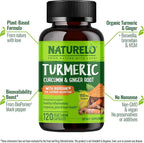NATURELO Turmeric Curcumin - BioPerine for Better Absorption - Black Pepper, Ginger Root, Curcuminoids - Plant-Based Joint Discomfort Support - 120 Vegan Capsules (Pack of 2)