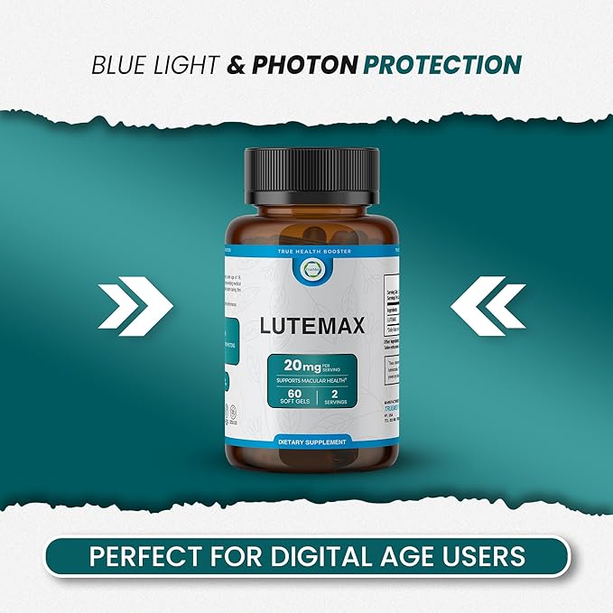 Lutemax 20mg 30 Days Supply Eye Supplement - Supports Macular Health, Vision Clarity, Heart Health, Protects Eyes from Blue Light & Photons, Antioxidant Protection, GMP Certified 60 Softgel.