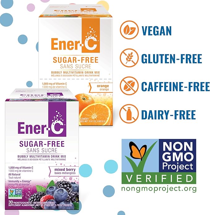 Ener-C Sugar Free Multivitamin Drink Mix - Vitamin Powder for Water, Electrolytes Powder No Sugar, Hydration Boost Packets, Zero Sugar, Vitamin C & B12 Supplement Liquid Mix - Orange & Berry, 60 Count