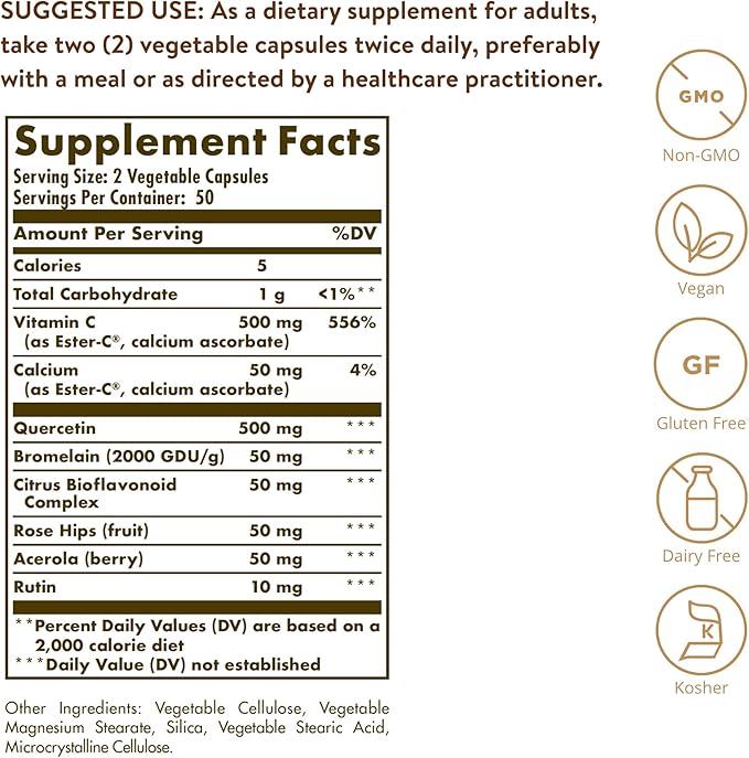 Solgar Quercetin Complex with Ester-C Plus, 100 Vegetable Capsules - 50 Servings - Supports Immune Health Vitamin C 1000 mg, 250 Vegetable Capsules - Overall Health