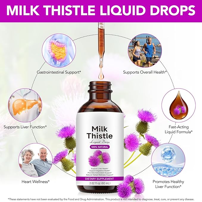 Milk Thistle Silymarin Marianum Supplement Liquid Drop for Liver & Kidney Cleansing Support, Potent Antioxidant, Herbal-Based Formula, Non-GMO - 2 Fl.Oz/60 ML