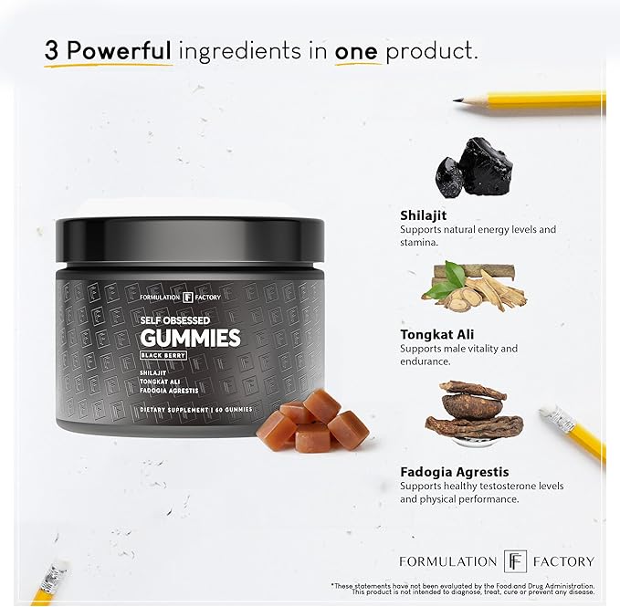 Self Obsessed Shilajit Gummies for Men, Tongkat Ali + Fadogia Agrestis Supplement, Energy, Strength, Drive & Vitality Support, Natural Masculinity Formula (1 Month Supply – 120 Count, Pack of 2)