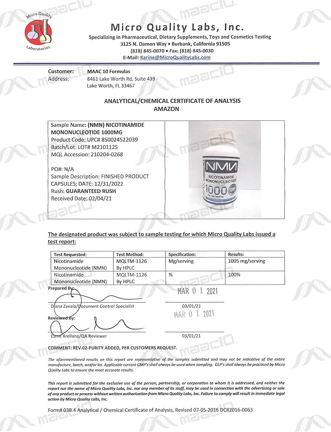 MAAC10 NMN Supplement 1000mg Serving - 99% Pure NMN Nicotinamide Mononucleotide. The Most Powerful NAD Supplement for Optimal Performance (120 Capsules 4 Per Serving).