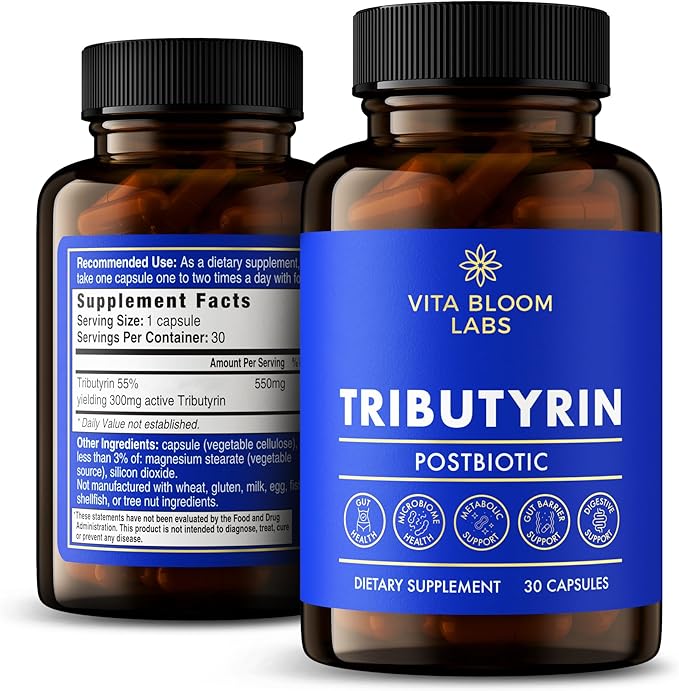 Tributyrin Supplement - Better Delivery & More Effective than Sodium Butyrate - Gut Health & Digestive Support - 3-in-1 Butyrate Postbiotics for Leaky Gut & Gut Barrier Support - 30 Capsules