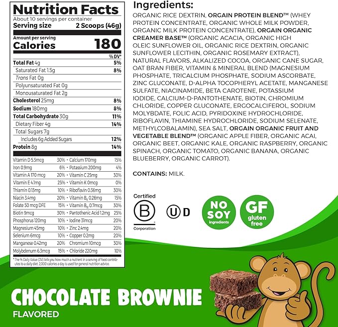 Orgain Kids Protein Powder Shake Mix, Chocolate Brownie - 8g Grass-Fed Dairy Protein, 4g Fiber, 23 Vitamins & Minerals, Gluten Free, No Soy Ingredients, Adds Healthy Nutrients to Kids Snacks, 1lb