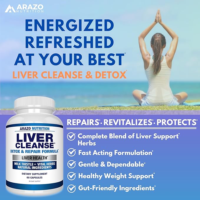 Arazo Nutrition Liver Cleanse Detox & Repair Formula – Milk Thistle Herbal Support Supplement: Silymarin, Beet, Artichoke, Dandelion, Chicory Root (Pack of 2)