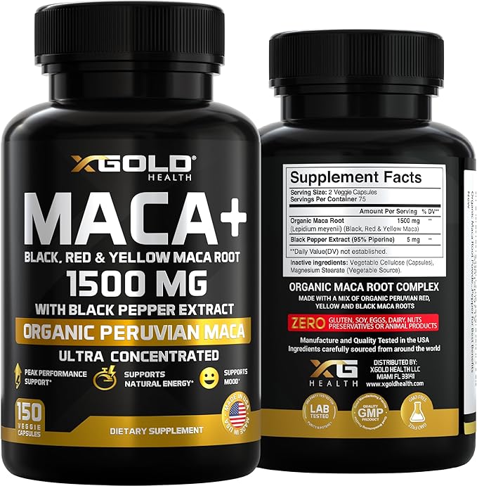 X Gold Health Organic Maca Root Capsules 1500mg – Peruvian Black, Red & Yellow Maca – Energy, Stamina, Libido & Hormone Balance Support for Men & Women – Vegan, Non-GMO – 150 Veggie Capsules