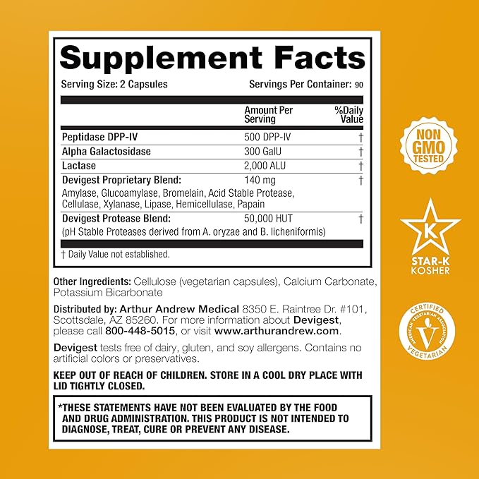 Arthur Andrew Medical - Devigest ADS, Advanced Digestive Support, Relief for Lactose Intolerance and Casein Sensitivities, Vegan, Non-GMO, 180 Capsules