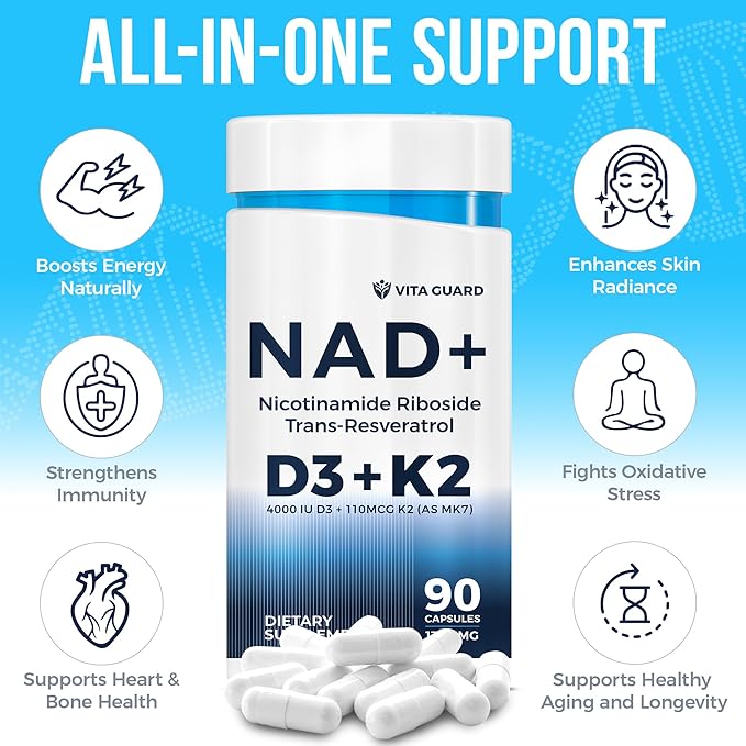 Anti-Aging Energy NAD Supplement – NMN Alternative with Nicotinamide Riboside 1000mg, Trans-Resveratrol 300mg, Vitamin D3 4000 IU and K2 110 mcg MK7 – Vegetarian 60 Capsules, 1300mg
