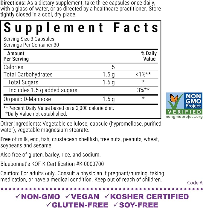 BlueBonnet Nutrition D-Mannose 500 mg – Fast Acting Urinary Tract Support for Men & Women* - Non-GMO, Vegan, Kosher, Gluten-Free - 90 Vegetable Capsules, 30 Servings