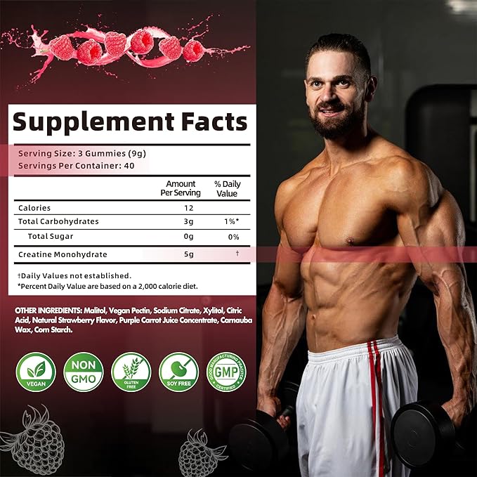 Nutravita Creatine Monohydrate Gummies for Men & Women-5g of Creatine Monohydrate per Serving - Sugar Free,Vegan, Raspberry Flavor, 120 Count