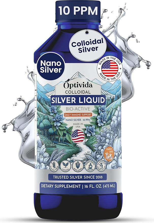 Optivida Colloidal Silver Liquid - 10 PPM Liquid Silver Immune Support, Pure Nano Silver Hydrosol Liquid for Family Wellness - Natural Silver Water for Adults & Kids, Non-GMO, 3rd Party Tested - 16 Oz