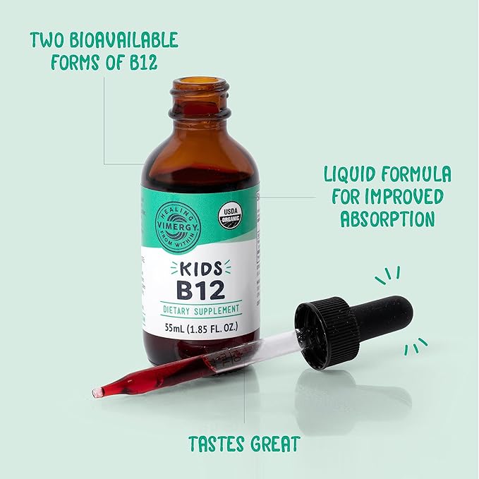 Vimergy Kids USDA Organic Liquid B12 – Promotes Physical Development & Cognitive Function* – Fast-Absorbing Immune Support* – Vegan, Non-GMO – 55 mL