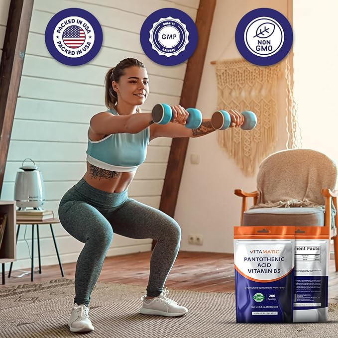 Vitamatic Pantothenic Acid Pure Powder 500 mg per Serving - 100 Grams - Also Called Vitamin B5-200 Servings