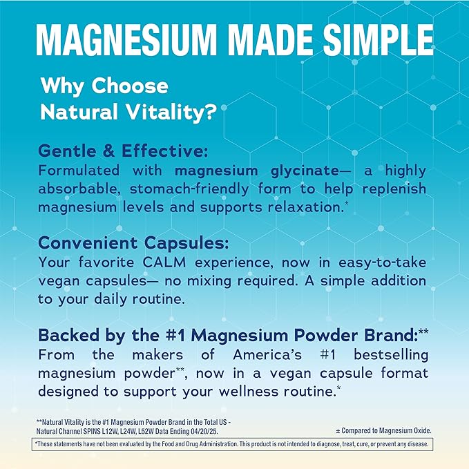 Natural Vitality Calm, Magnesium Glycinate Supports Bone, Muscle, Heart, & Nerve Health, Non-GMO, Vegan, Gluten Free 180ct