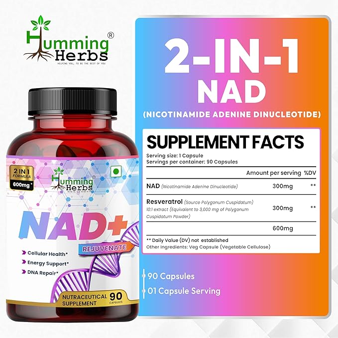 Humming Herbs NAD+ with Trans‑Resveratrol 600 mg per Serving. NAD Booster, Cellular Energy & Metabolism Support — 90 Vegetarian Capsules
