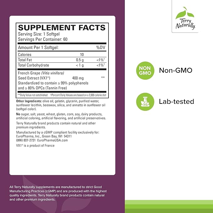 Terry Naturally Clinical OPC Extra Strength - Healthy Heart & Artery Support - Aids Brain Health & Function for Focus and Concentration - Offers Antioxidant Activity - 400 mg, 90 Softgels