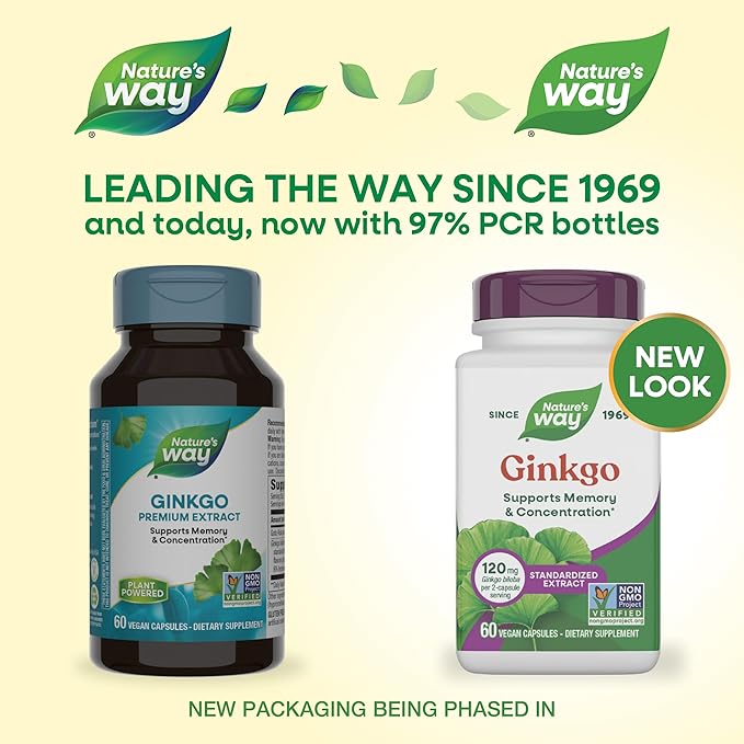 Nature's Way Ginkgo Premium Extract, Supports Memory & Concentration*, 120 mg Ginkgo Biloba Extract per 2-Capsule Serving, with Gotu Kola, Vegan, No Gluten, 60 Capsules (Packaging May Vary)