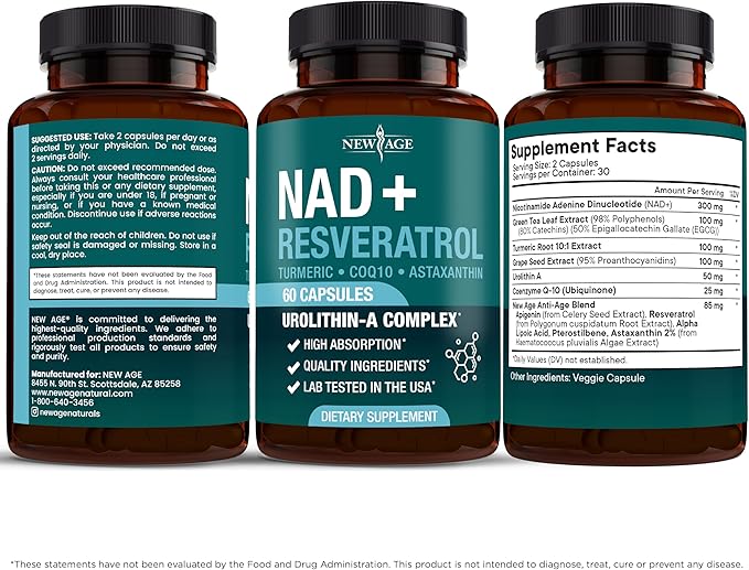 NEW AGE NAD+ Supplement Complex – NAD+ 300 mg with Astaxanthin, Urolithin A, Resveratrol, CoQ10 & Antioxidant Blend – Cellular Energy, Support or Women & Men – Vegan, Non-GMO- 120 Count