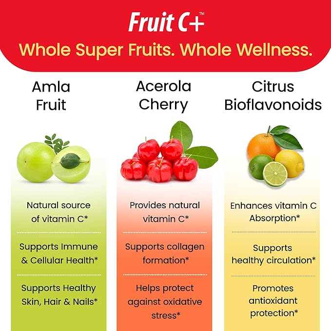Organic Veda Fruit C+ Vitamin C Complex - 1250mg Organic Whole Food Vitamin C Supplement with Citrus Bioflavonoids, Acerola & Amla - Daily Antioxidants, Immunity, Collagen Boost - 120 Vegan Capsules