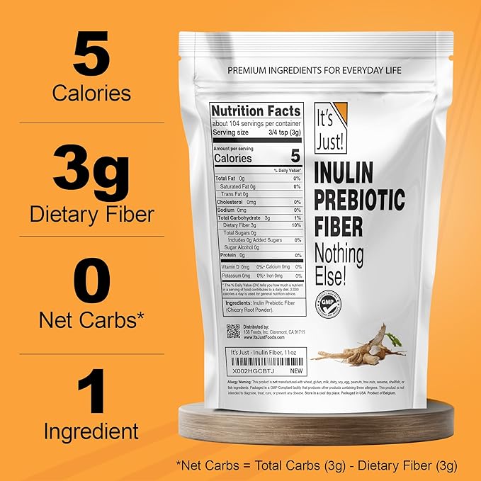 It's Just! - Inulin Prebiotic Fiber, Water Soluble, Chicory Root Powder, Promotes Gut Health, Made in USA, Product of Belgium, Vegan/Keto Friendly