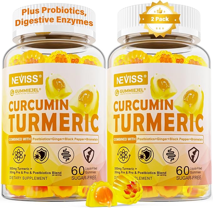 Sugar Free Turmeric Curcumin Filled Gummies 550mg for Adults, Ginger & Black Pepper | 95% Curcuminoids w/Prebiotic Probiotic & Postbiotic Blend, Support, Immune & Digestive Health, Vegan, 2Pack