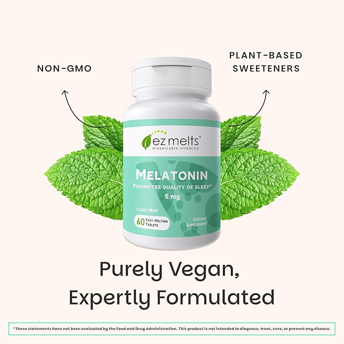 EZ Melts Melatonin - Sleep Support Supplement - No Artificial Flavors - Non-GMO & Sugar-Free - Cool Mint - 60 Dissolvable Tablets (60 Servings)