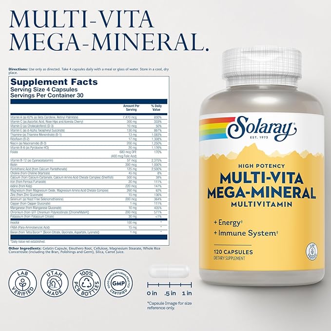 SOLARAY Multi-Vita Mega-Mineral Multivitamin for Women and Men with Vitamin D, Vitamin C, Magnesium, Zinc and More - Energy and Immune System Support - 60-Day Guarantee - 30 Servings, 120 Capsules