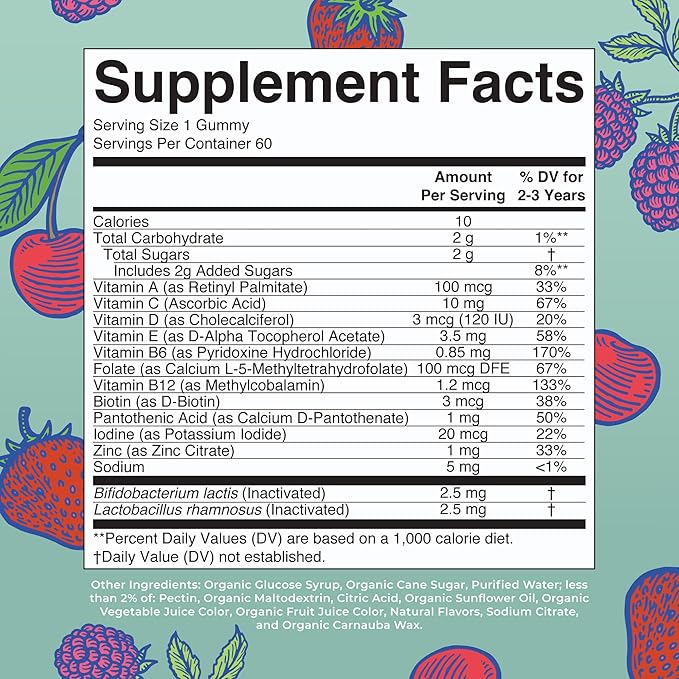 MARYRUTH'S Organics Toddler Multivitamin Gummies + Postbiotics | USDA Organic | Vitamins for Kids Ages 2+ | Immune Support | Vitamin C | Vitamin D3 | Vitamin A | Zinc | Vegan | Non-GMO | 60 Servings