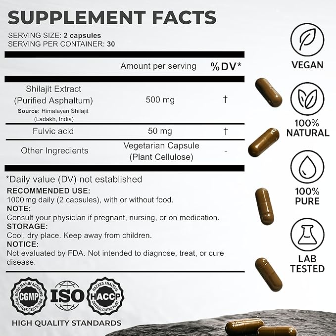 Natural Himalayan Shilajit Capsules - High Fulvic Acid & 85+ Trace Minerals, Lab-Tested for Purity, Natural Supplement for Immune Support & Cognitive Health, 60 Vegan Capsules