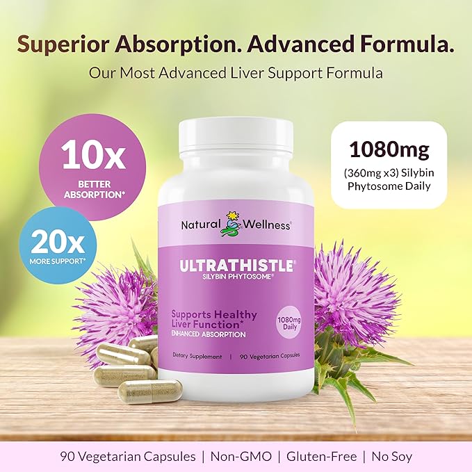UltraThistle Advanced Milk Thistle Supplement – 1080mg Silybin Phytosome for Superior Absorption – Liver Support, Detox & Enzyme Health – Non-GMO, Gluten Free, Soy Free – 90 Capsules (30-Day Supply)