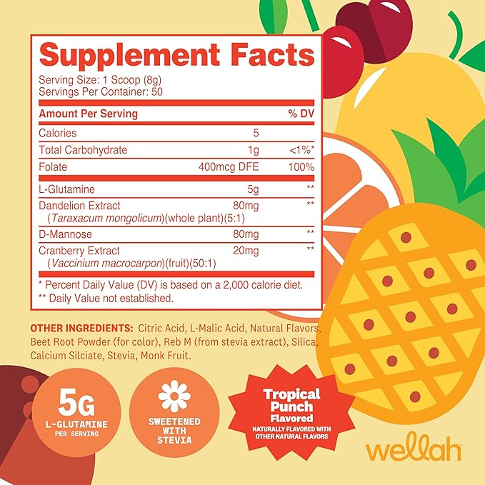 Wellah L-Glutamine Powder Tropical Punch (50 Servings) - 5g L-Glutamine Per Serving, Sweetened with Stevia