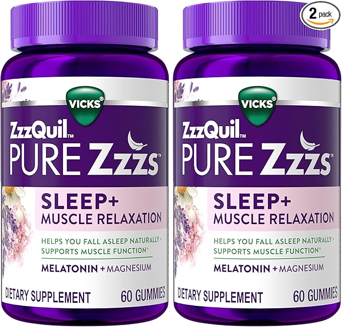 ZzzQuil Pure Zzzs Muscle Relaxation Melatonin Sleep Aid Gummies,Supports Muscle Function,Helps You Fall Asleep Naturally,Fast,Melatonin + Magnesium,No Next-Day Grogginess,Drug-Free,60ct,(Pack of 2)