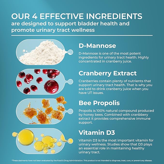 PUREHEALTH RESEARCH UT Fix - Urinary Tract Health Formula - Urinary Tract Support for Women & Men - Cranberry Supplement with D Mannose 1000mg, Vitamin D3 & Bee Propolis - 60 Capsules