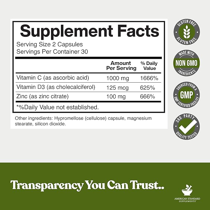 American Standard Supplements Zinc 100mg, Vitamin C 1000mg, and Vitamin D3 5000 IU (125mcg) Per Serving - Gluten Free, Non-GMO, 60 Capsules, 30 Servings