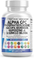 Brain Supplement Alpha GPC 300mg Phosphatidylserine Bacopa Monnieri Ginkgo Biloba Lions Mane Huperzine A L-Theanine NAC Nootropic Memory Focus Cognitive Support Vitamins B C D E 60 Capsules USA