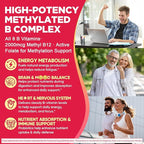 Methylated Vitamin B Complex Gummies for Women & Men, High Dose 2000 mcg Methyl B12, Liposomal Super All B Vitamins Methylfolate, B1, B2, B3, B5, B6, B7, Vitamin C, Choline for Energy, Focus, 60Counts
