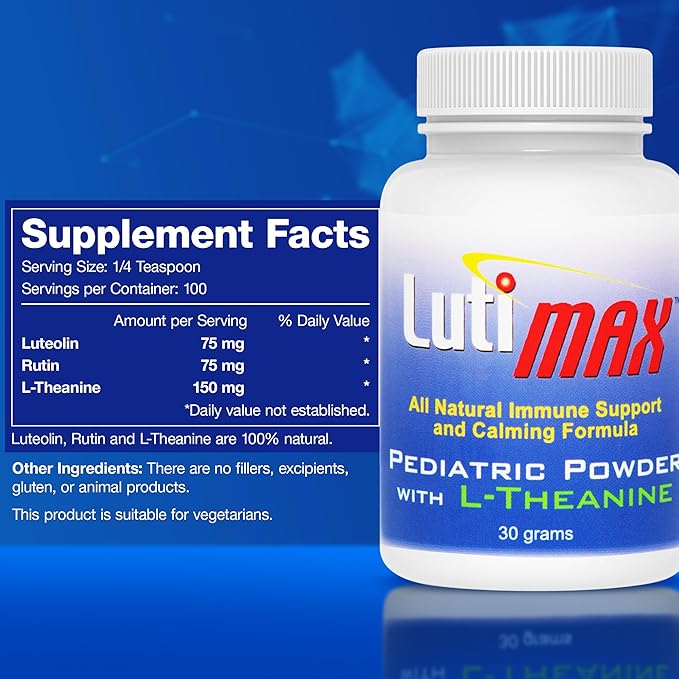 Lutimax Pediatric Powder Brain Supplement with Luteolin, Rutin & LTheanine - Kids Memory, Focus, Muscle & Immune Support Brain Supplement - Nootropic Antioxidants for Brain Health Support 100 Serving