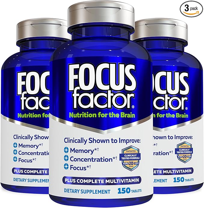 Focus Factor Nutrition for The Brain, Improved Memory & Concentration Brain Supplement, Complete Multivitamin with Vitamins B6, B12, D, Bacopa Monnieri & Tyrosine, 150 Count (Pack of 3)