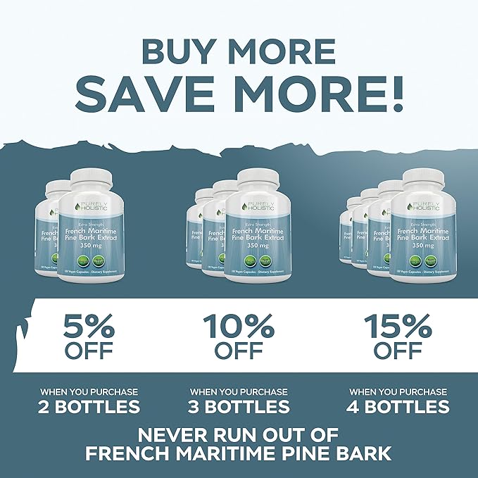 Purely Holistic Pine Bark Extract 350mg 180 Vegan Capsules 95% Proanthocyanidins - French Maritime Pine Bark Extract - Non GMO & Pesticide Free Antioxidant Supplement
