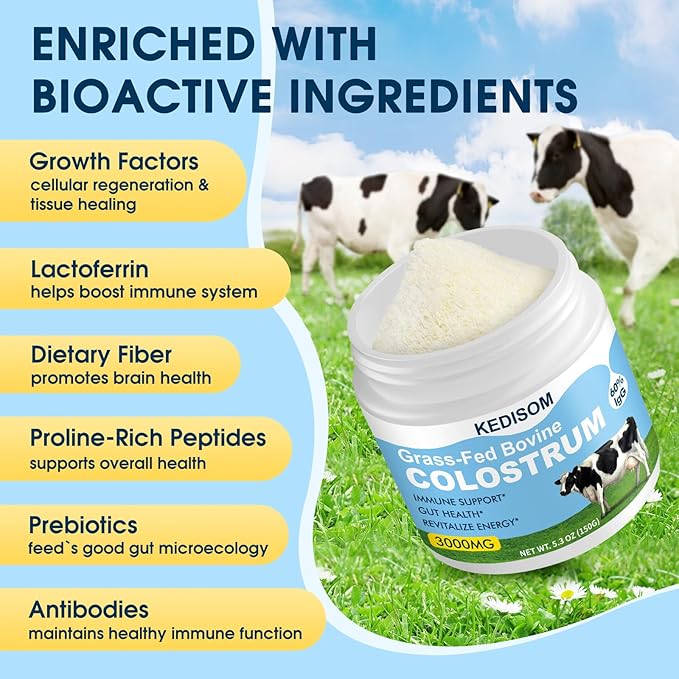 Grass-Fed Bovine Colostrum Supplement Powder - 60% High IgG 3000 mg for Gut Health, Immune Support - Easy to Mix Natural Liposomal Colostrum Superfood, Unflavored, 50 Servings