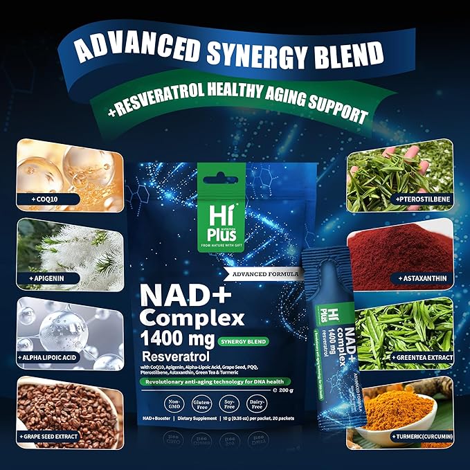 1400mg NAD+ Liquid Supplement for Anti Aging and Cell Regeneration, Premium Alternative Liposomal, Nicotinamide Riboside with Resveratrol, PQQ & CoQ10 - Advanced Cellular Energy, 20 Pack