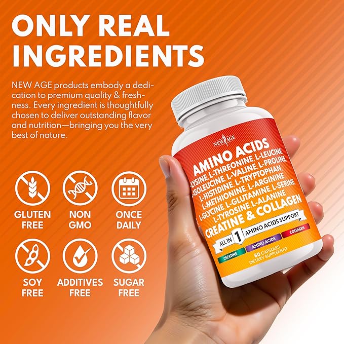 NEW AGE Amino Acids Supplement L-Lysine, L-Threonine, L-Leucine, Isoleucine, Valine, L-Histidine, L-Tryptophan, L-Methionine, L-Arginine, L-Cysteine, L-Glutamine, L-Serine, Aspartic Acid- 120 Count