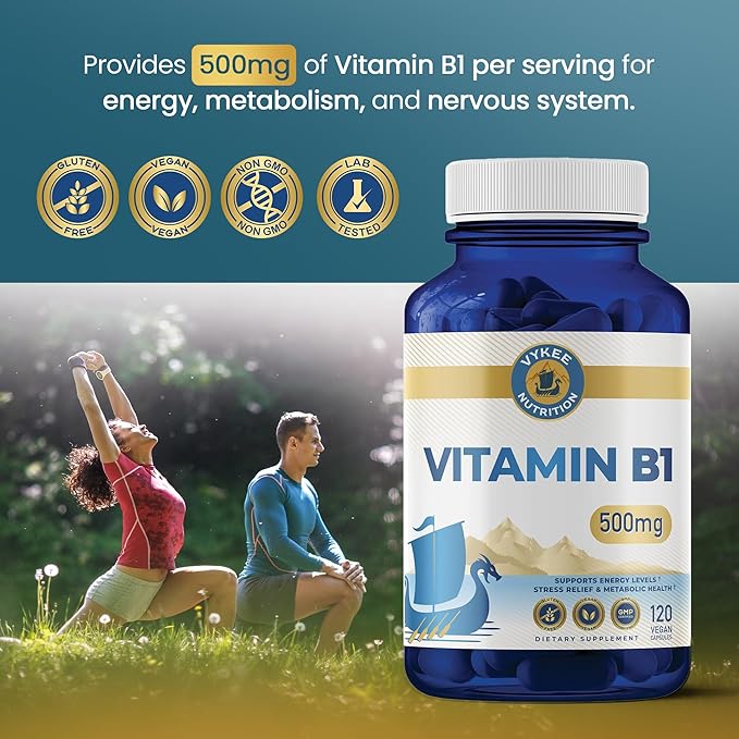 Vykee Nutrition Vitamin B1 (Thiamine) Capsules – Supports Energy Metabolism & Nervous System Health – Vegan, Non-GMO, Gluten-Free – 500 mg, 120 Count